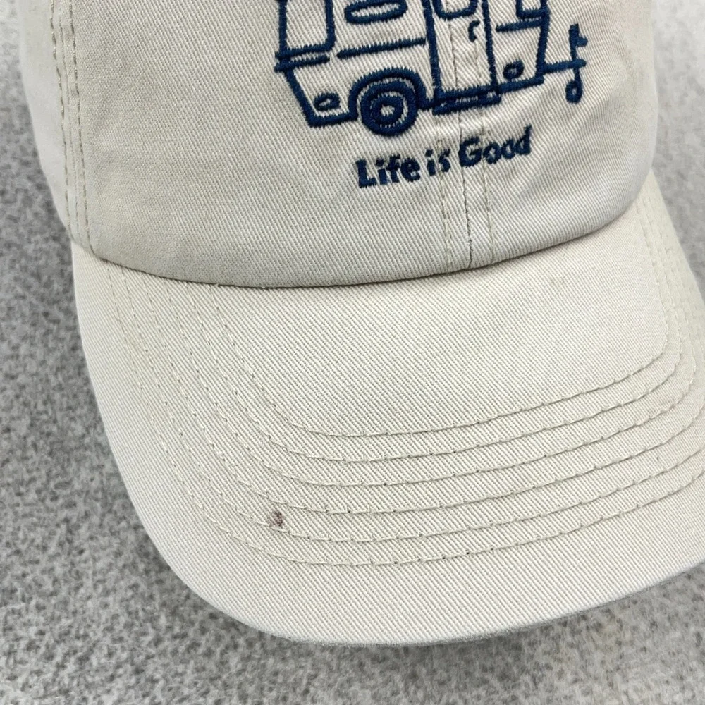 Life Is Good Hat Strap Back Baseball Cap Tan Khaki Camp Camper Adjustable Adult